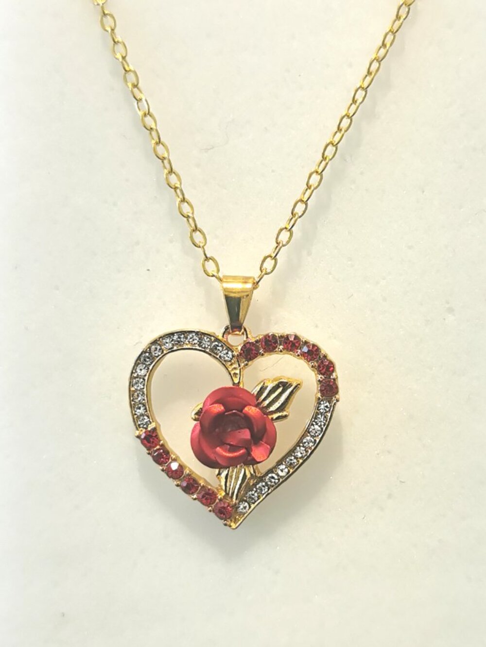Gorgeous Gold-Plated Red & White Crystal Heart Necklace